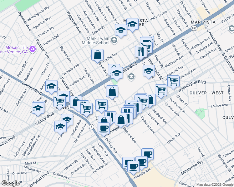map of restaurants, bars, coffee shops, grocery stores, and more near 2445 Walgrove Avenue in Los Angeles
