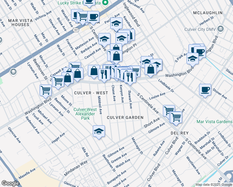 map of restaurants, bars, coffee shops, grocery stores, and more near 4148 Chase Avenue in Los Angeles