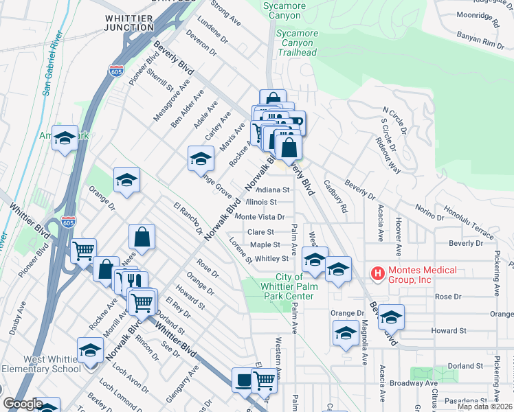map of restaurants, bars, coffee shops, grocery stores, and more near 10817 Illinois Street in Whittier