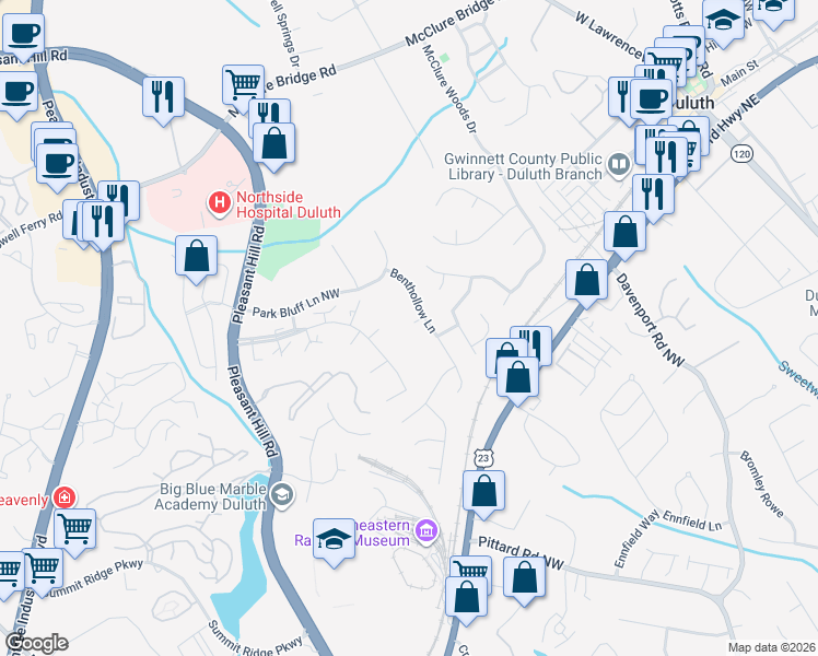 map of restaurants, bars, coffee shops, grocery stores, and more near 3558 Benthollow Way in Duluth