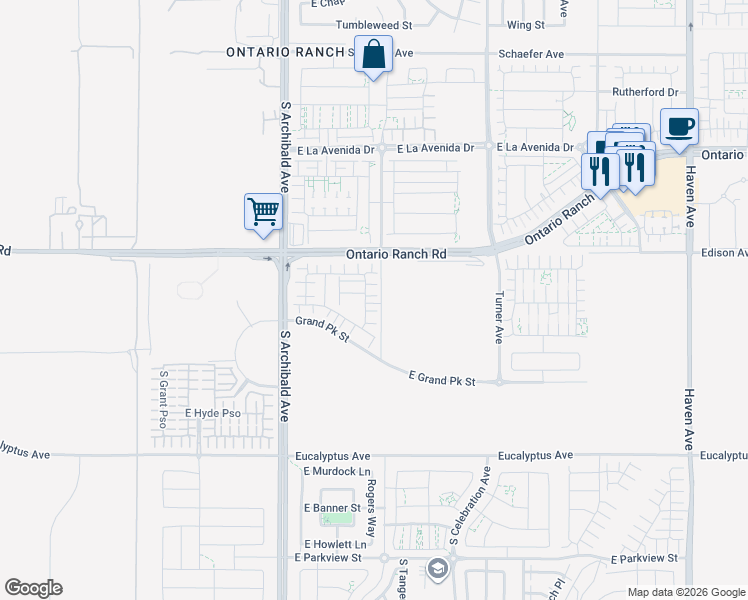 map of restaurants, bars, coffee shops, grocery stores, and more near 9811 Edison Avenue in Ontario