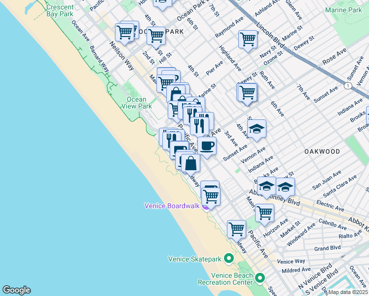 map of restaurants, bars, coffee shops, grocery stores, and more near 45 Rose Avenue in Venice