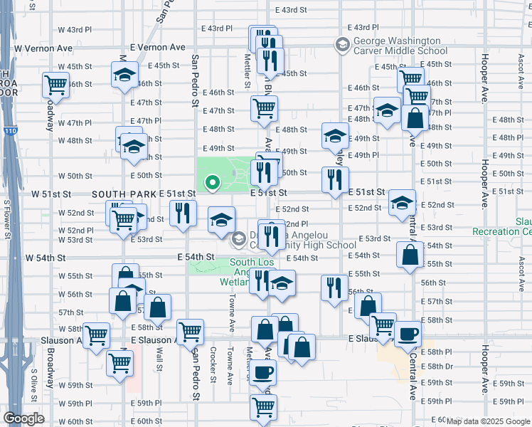 map of restaurants, bars, coffee shops, grocery stores, and more near 5135 Avalon Boulevard in Los Angeles
