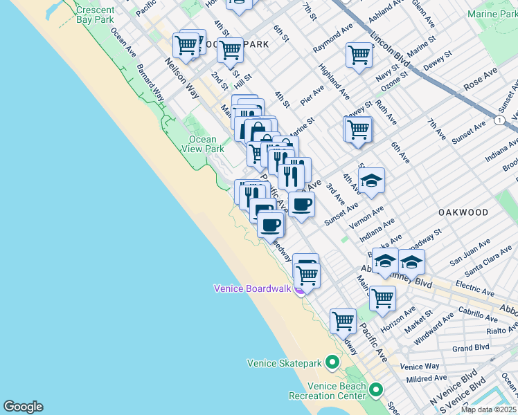 map of restaurants, bars, coffee shops, grocery stores, and more near 26 Ozone Avenue in Los Angeles