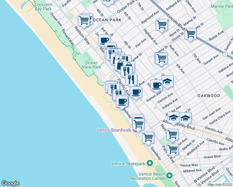 map of restaurants, bars, coffee shops, grocery stores, and more near 26 Ozone Avenue in Los Angeles