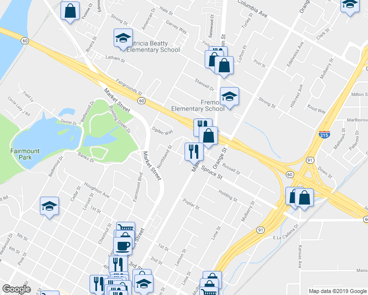 map of restaurants, bars, coffee shops, grocery stores, and more near 2357 Wilshire Street in Riverside