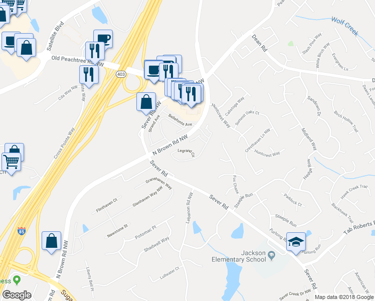 map of restaurants, bars, coffee shops, grocery stores, and more near Legrand Circle in Lawrenceville