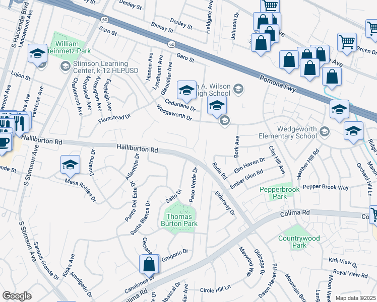 map of restaurants, bars, coffee shops, grocery stores, and more near 16391 Ladysmith Street in La Puente