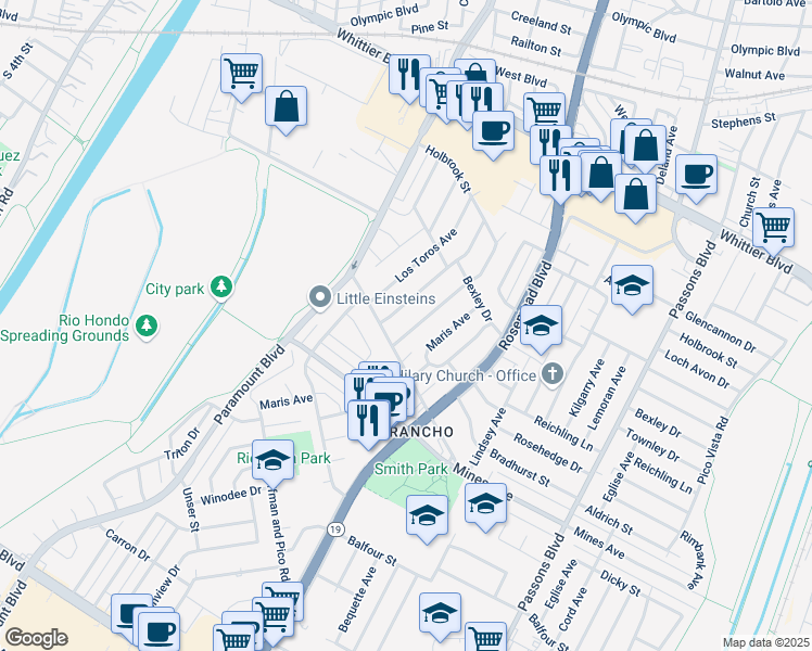 map of restaurants, bars, coffee shops, grocery stores, and more near 5529 Bridgeview Avenue in Pico Rivera