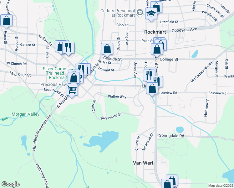map of restaurants, bars, coffee shops, grocery stores, and more near 341 East Elm Street in Rockmart