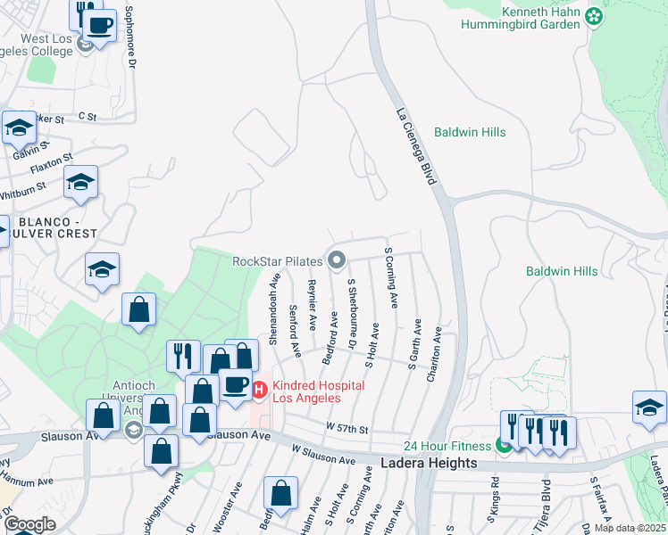 map of restaurants, bars, coffee shops, grocery stores, and more near 5120 Bedford Avenue in Los Angeles