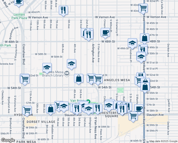 map of restaurants, bars, coffee shops, grocery stores, and more near 5127 Arlington Avenue in Los Angeles
