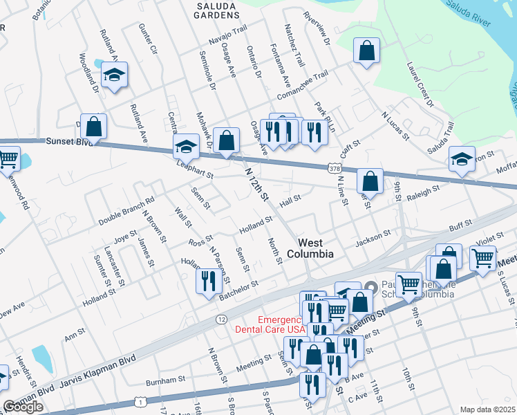 map of restaurants, bars, coffee shops, grocery stores, and more near 615 North 12th Street in West Columbia