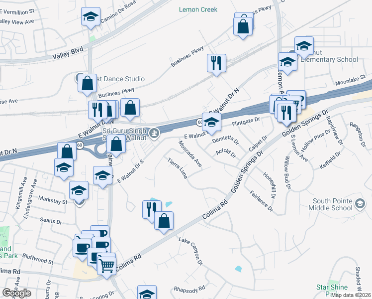 map of restaurants, bars, coffee shops, grocery stores, and more near Moscada Avenue & Iluso Avenue in Walnut