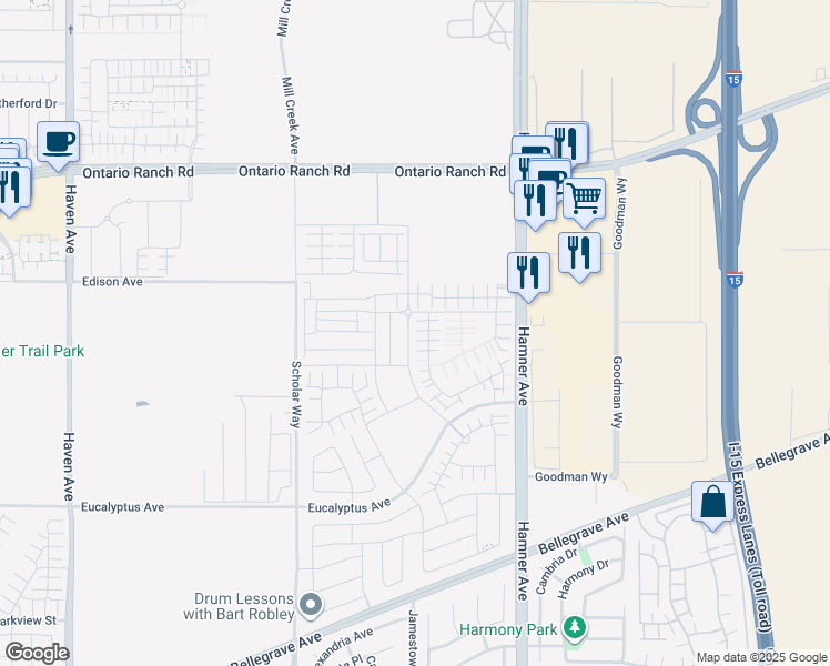 map of restaurants, bars, coffee shops, grocery stores, and more near 11071 Edison Avenue in Ontario