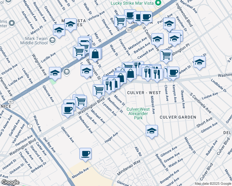 map of restaurants, bars, coffee shops, grocery stores, and more near 12813 West Washington Boulevard in Los Angeles