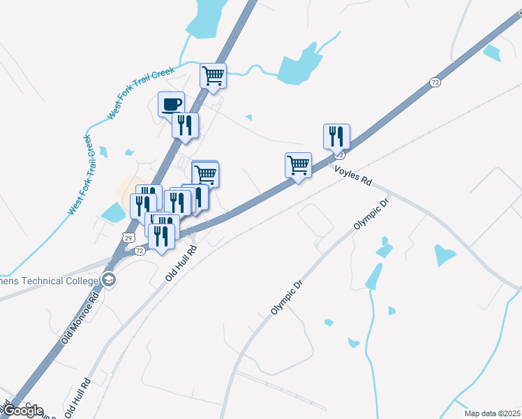 map of restaurants, bars, coffee shops, grocery stores, and more near 1020 Hull Road in Athens