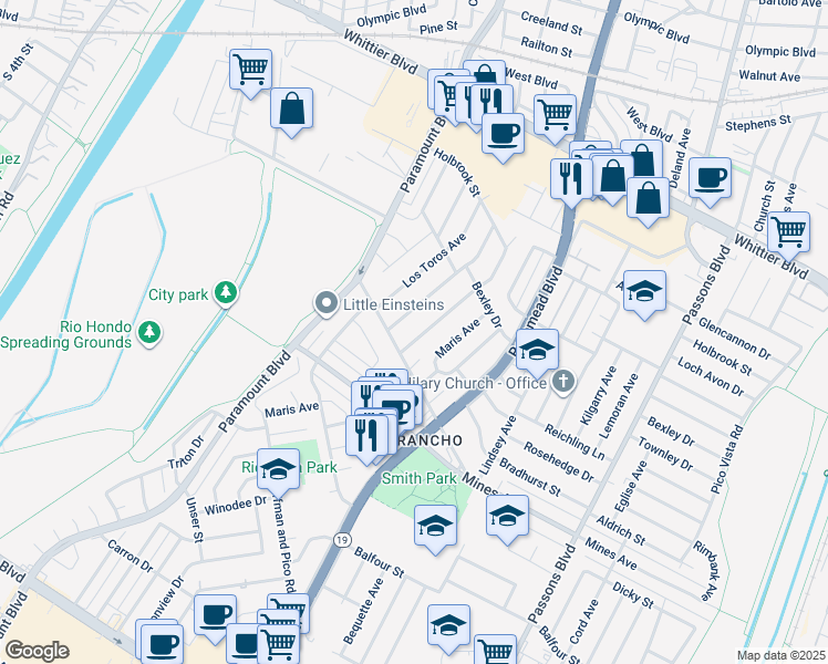 map of restaurants, bars, coffee shops, grocery stores, and more near 5529 Bridgeview Avenue in Pico Rivera