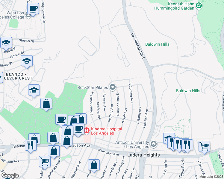 map of restaurants, bars, coffee shops, grocery stores, and more near 5120 Bedford Avenue in Los Angeles