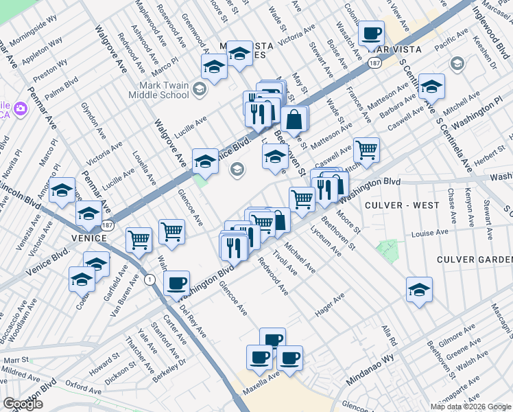 map of restaurants, bars, coffee shops, grocery stores, and more near 3910 Tivoli Avenue in Los Angeles