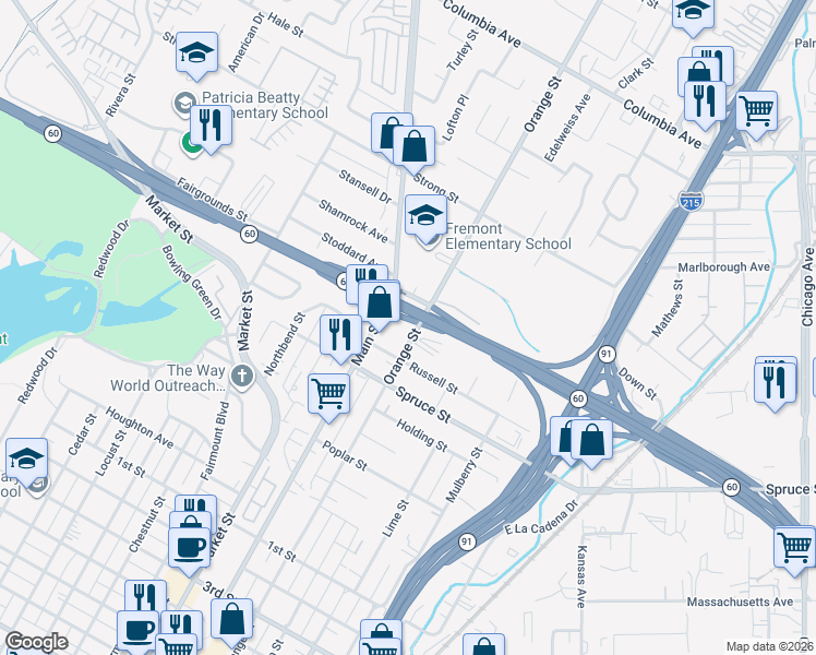 map of restaurants, bars, coffee shops, grocery stores, and more near 2189 Orange Street in Riverside