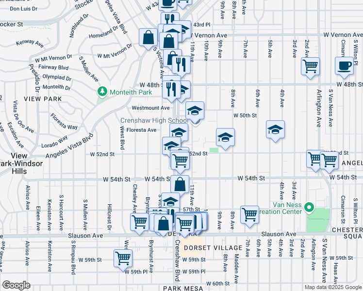 map of restaurants, bars, coffee shops, grocery stores, and more near 5124 Crenshaw Boulevard in Los Angeles