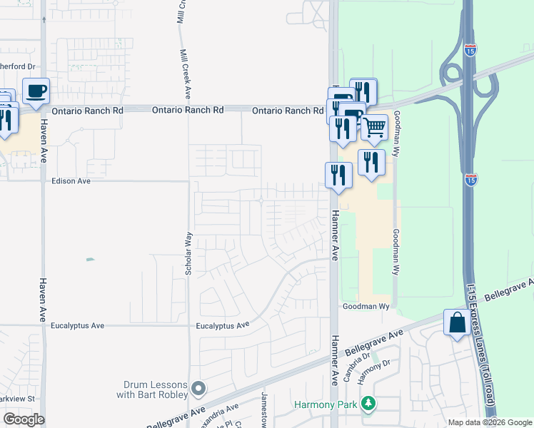map of restaurants, bars, coffee shops, grocery stores, and more near 11071 Edison Avenue in Ontario