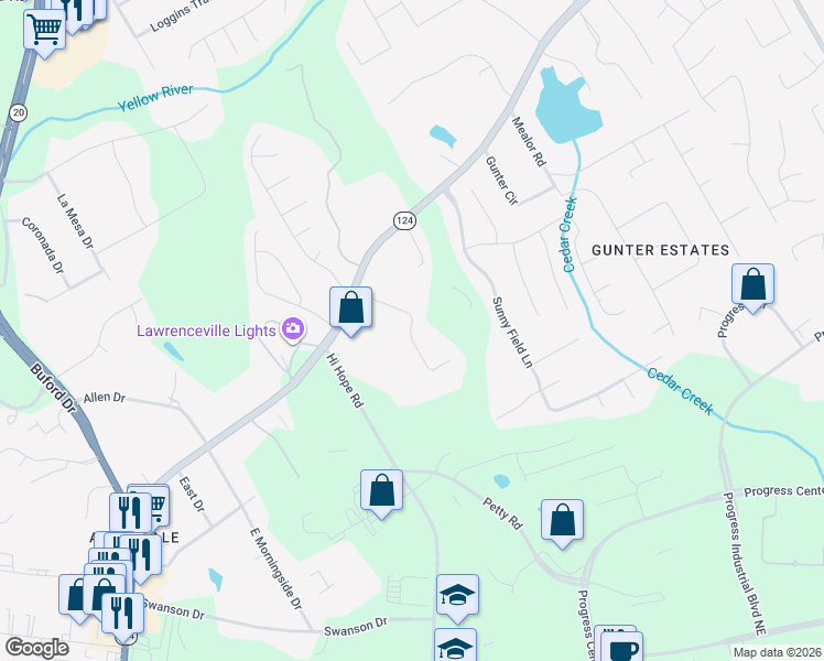 map of restaurants, bars, coffee shops, grocery stores, and more near 985 Pinbrook Drive in Lawrenceville