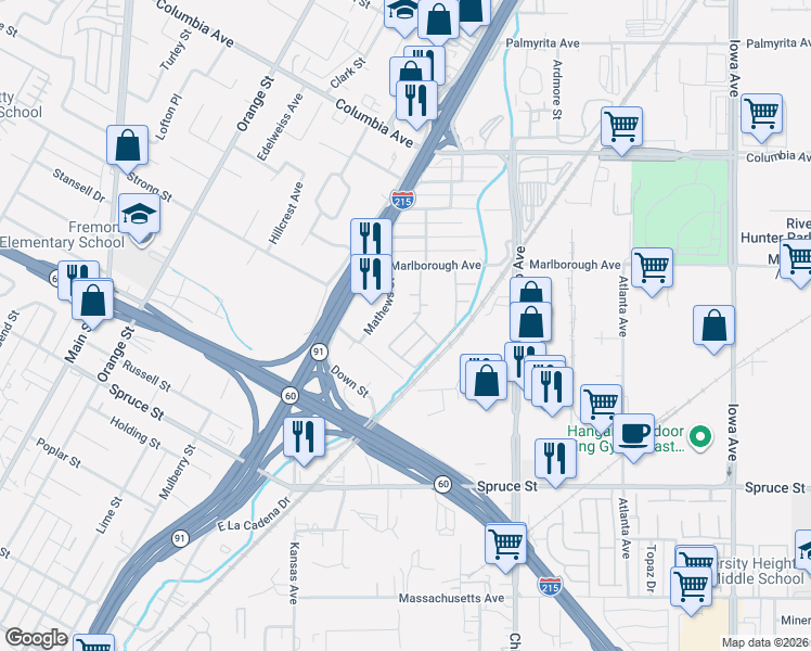 map of restaurants, bars, coffee shops, grocery stores, and more near 2017 Mandello Court in Riverside