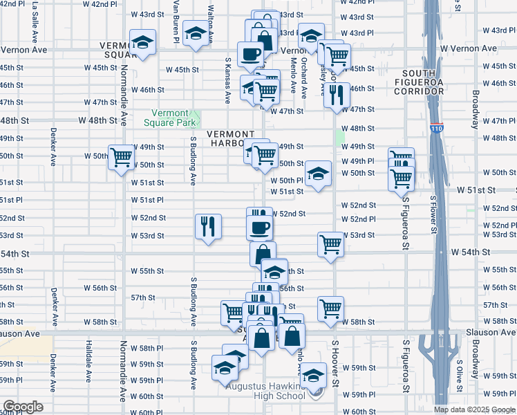 map of restaurants, bars, coffee shops, grocery stores, and more near 5161 South Vermont Avenue in Los Angeles