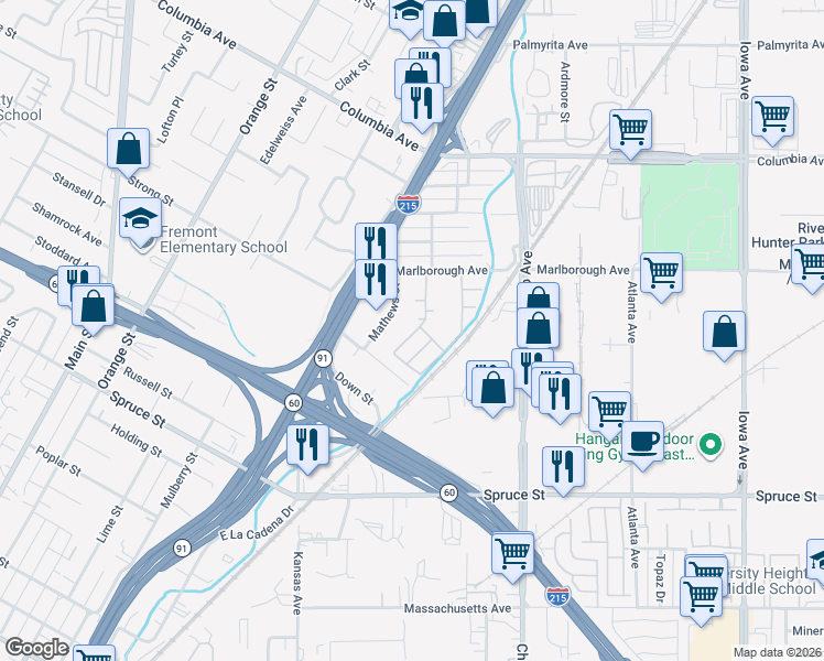 map of restaurants, bars, coffee shops, grocery stores, and more near 2017 Mandello Court in Riverside
