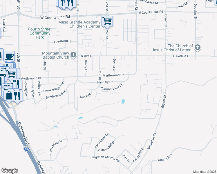 map of restaurants, bars, coffee shops, grocery stores, and more near 211 Harruby Drive in Calimesa