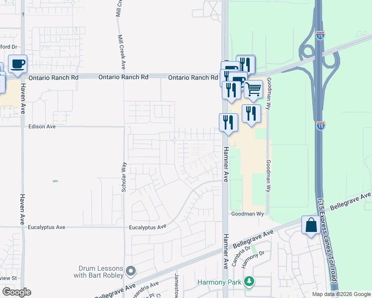 map of restaurants, bars, coffee shops, grocery stores, and more near 11071 Edison Avenue in Ontario