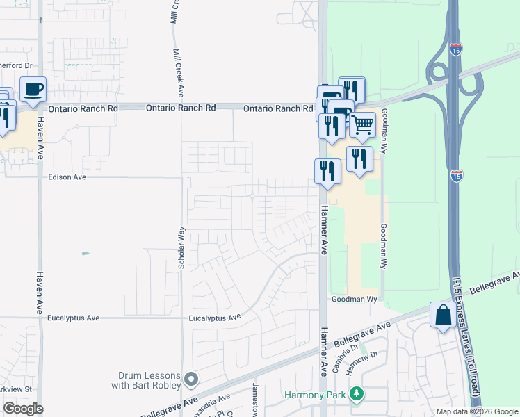 map of restaurants, bars, coffee shops, grocery stores, and more near 11071 Edison Avenue in Ontario