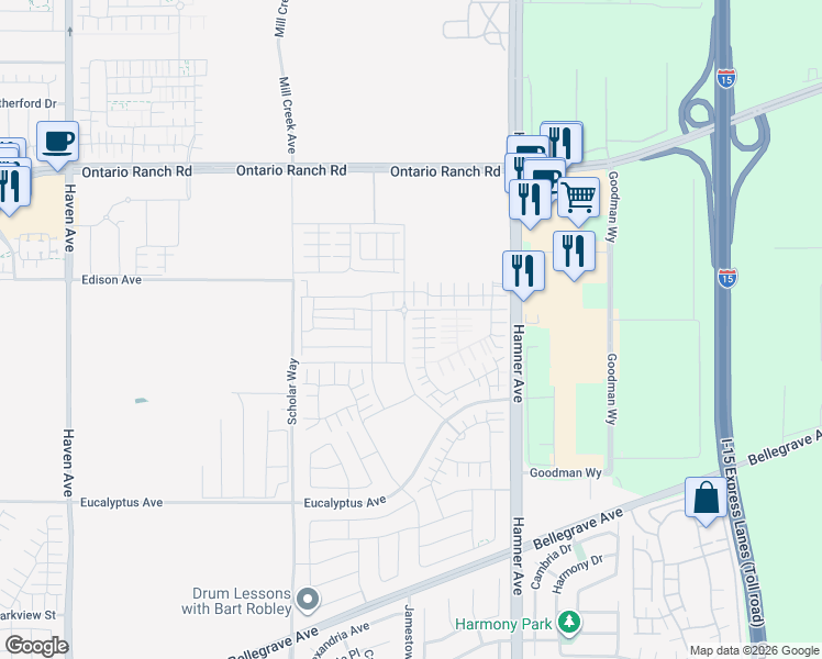 map of restaurants, bars, coffee shops, grocery stores, and more near 11071 Edison Avenue in Ontario