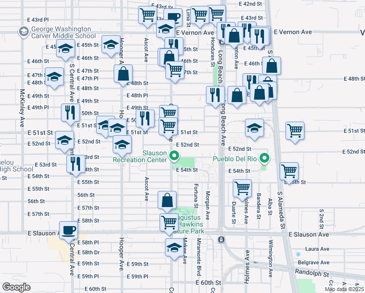 map of restaurants, bars, coffee shops, grocery stores, and more near 1533 East 52nd Street in Los Angeles
