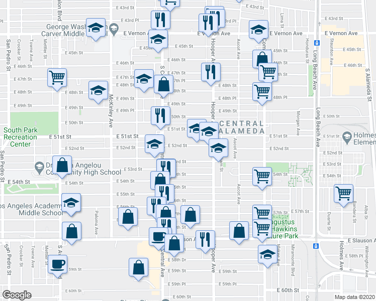 map of restaurants, bars, coffee shops, grocery stores, and more near 1199 East 52nd Street in Los Angeles