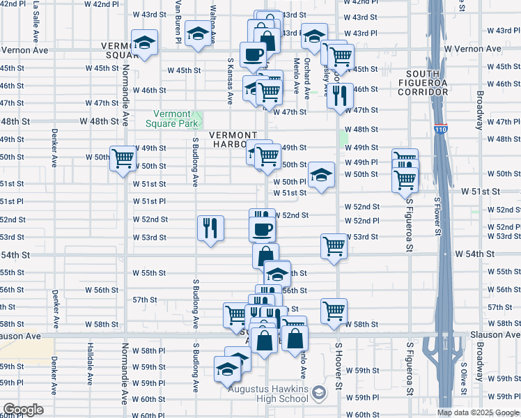 map of restaurants, bars, coffee shops, grocery stores, and more near 5110 Vermont Avenue in Los Angeles