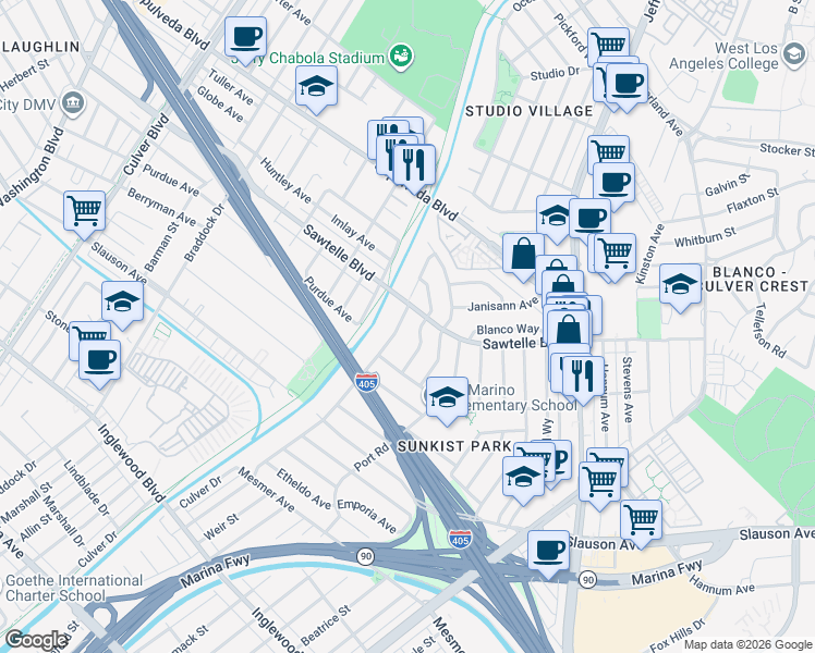 map of restaurants, bars, coffee shops, grocery stores, and more near 11209 McDonald Street in Culver City