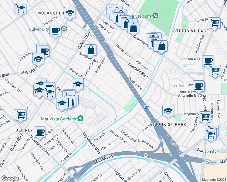 map of restaurants, bars, coffee shops, grocery stores, and more near 4832 Coolidge Avenue in Culver City