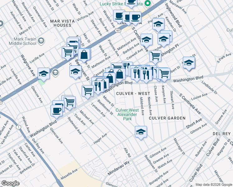 map of restaurants, bars, coffee shops, grocery stores, and more near 12718 West Washington Boulevard in Los Angeles