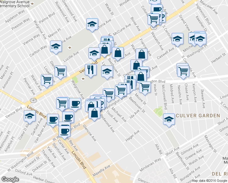 map of restaurants, bars, coffee shops, grocery stores, and more near 3933 Lyceum Avenue in Los Angeles