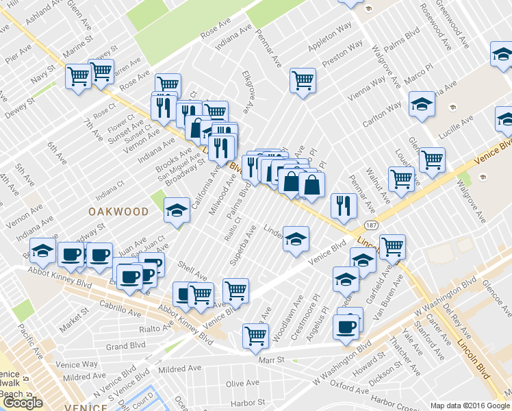 map of restaurants, bars, coffee shops, grocery stores, and more near 924 Palms Boulevard in Los Angeles