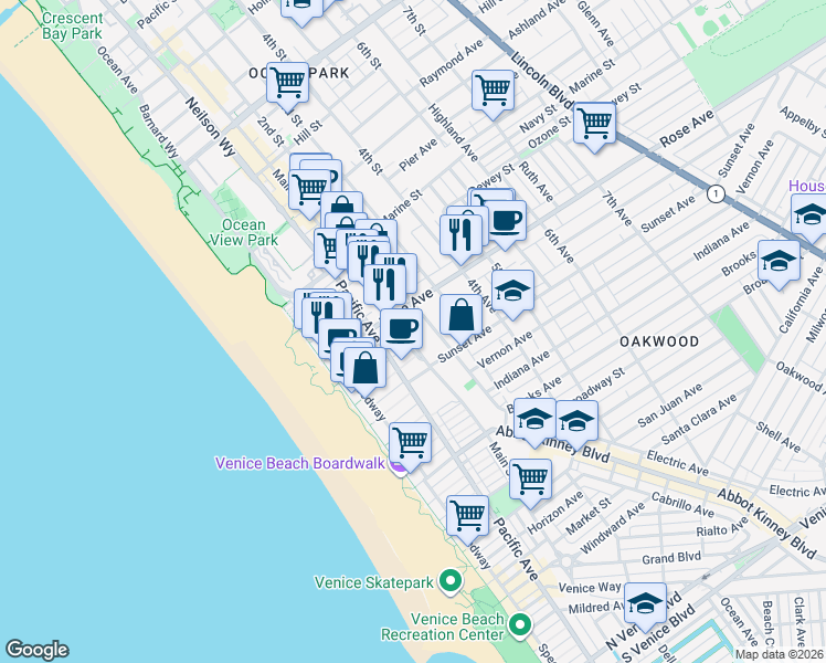 map of restaurants, bars, coffee shops, grocery stores, and more near 200 Rose Avenue in Los Angeles