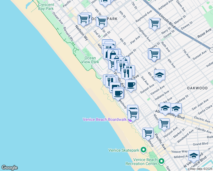 map of restaurants, bars, coffee shops, grocery stores, and more near 22 Navy Court in Los Angeles