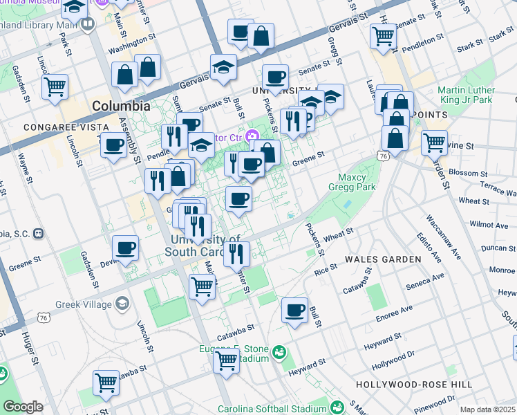 map of restaurants, bars, coffee shops, grocery stores, and more near 1718 College Street in Columbia