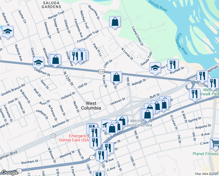 map of restaurants, bars, coffee shops, grocery stores, and more near 509 North Line Street in West Columbia