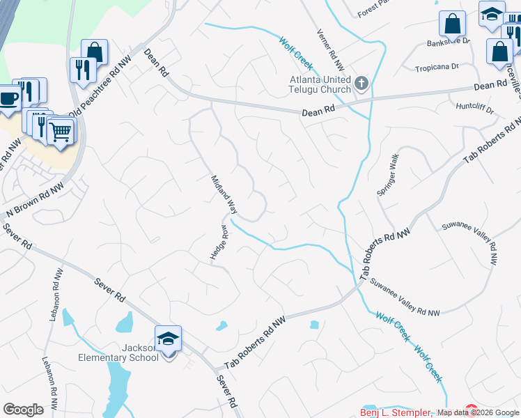 map of restaurants, bars, coffee shops, grocery stores, and more near 1140 Midland Way in Lawrenceville