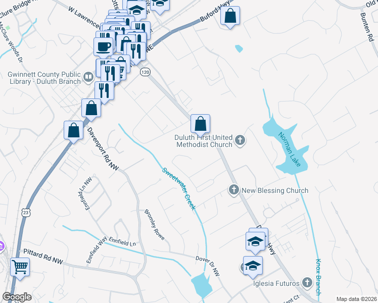 map of restaurants, bars, coffee shops, grocery stores, and more near 3300 Governors Court in Duluth