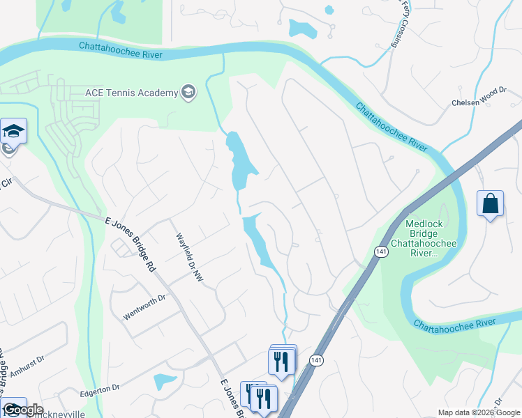map of restaurants, bars, coffee shops, grocery stores, and more near 5135 Riverlake Drive Northwest in Duluth